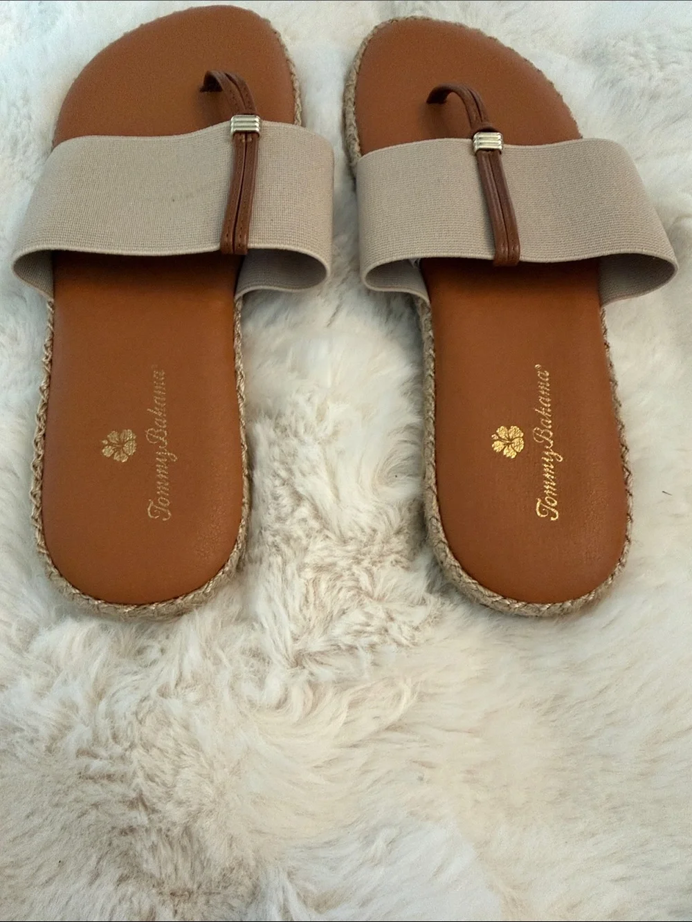 Tommy Bahama Tara  Beige Wide-Band Toe-Loop Sandals with Brown Footbed